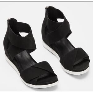 Eileen Fisher Black Viv Tumbled Nubuck Wedge Sandals •9.5• Rear Zipper $275